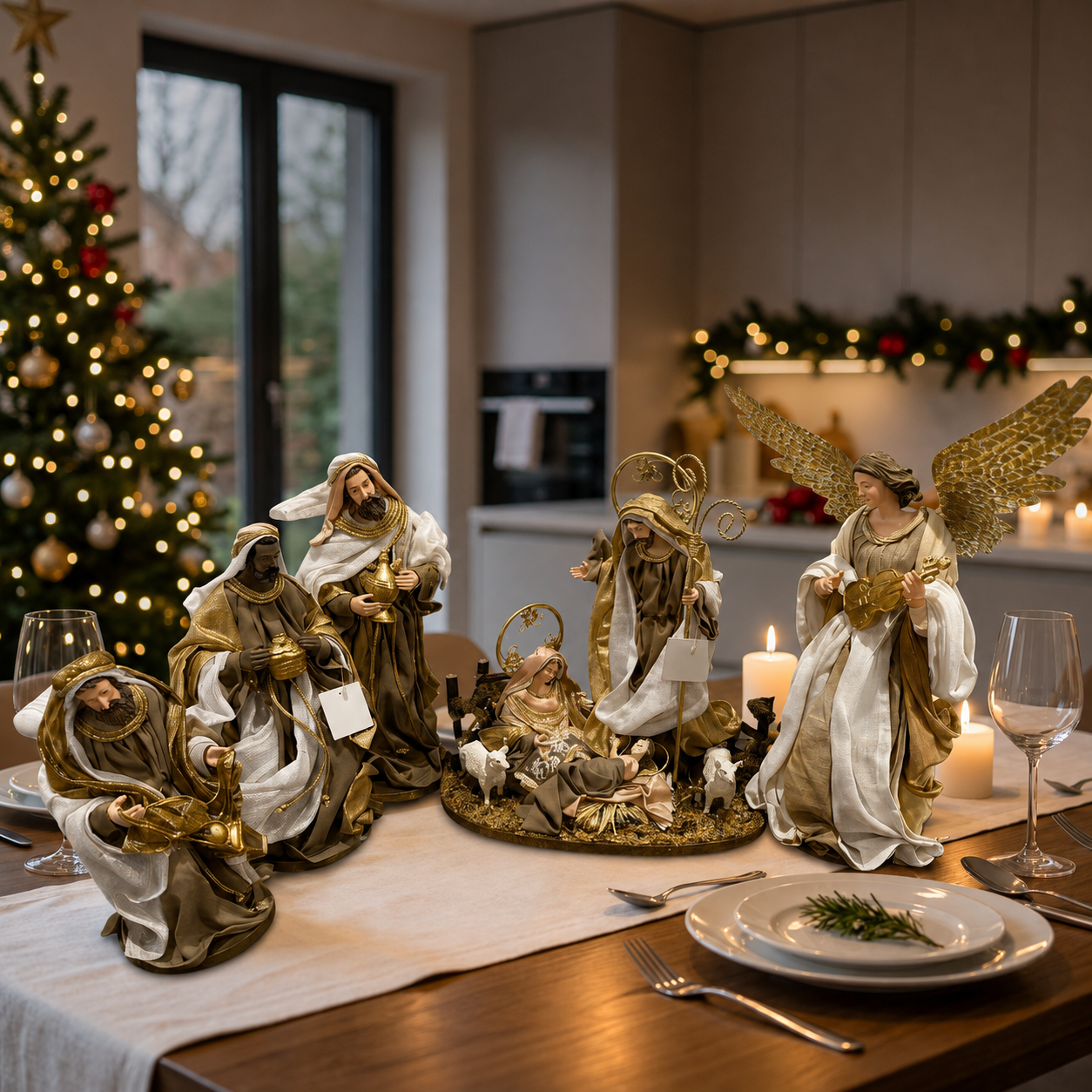Handmade Christmas Nativity Set 30cm (11.75") – Holy Family & Standing Angel Religious Figurines, Christian Christmas Home Decor Gift