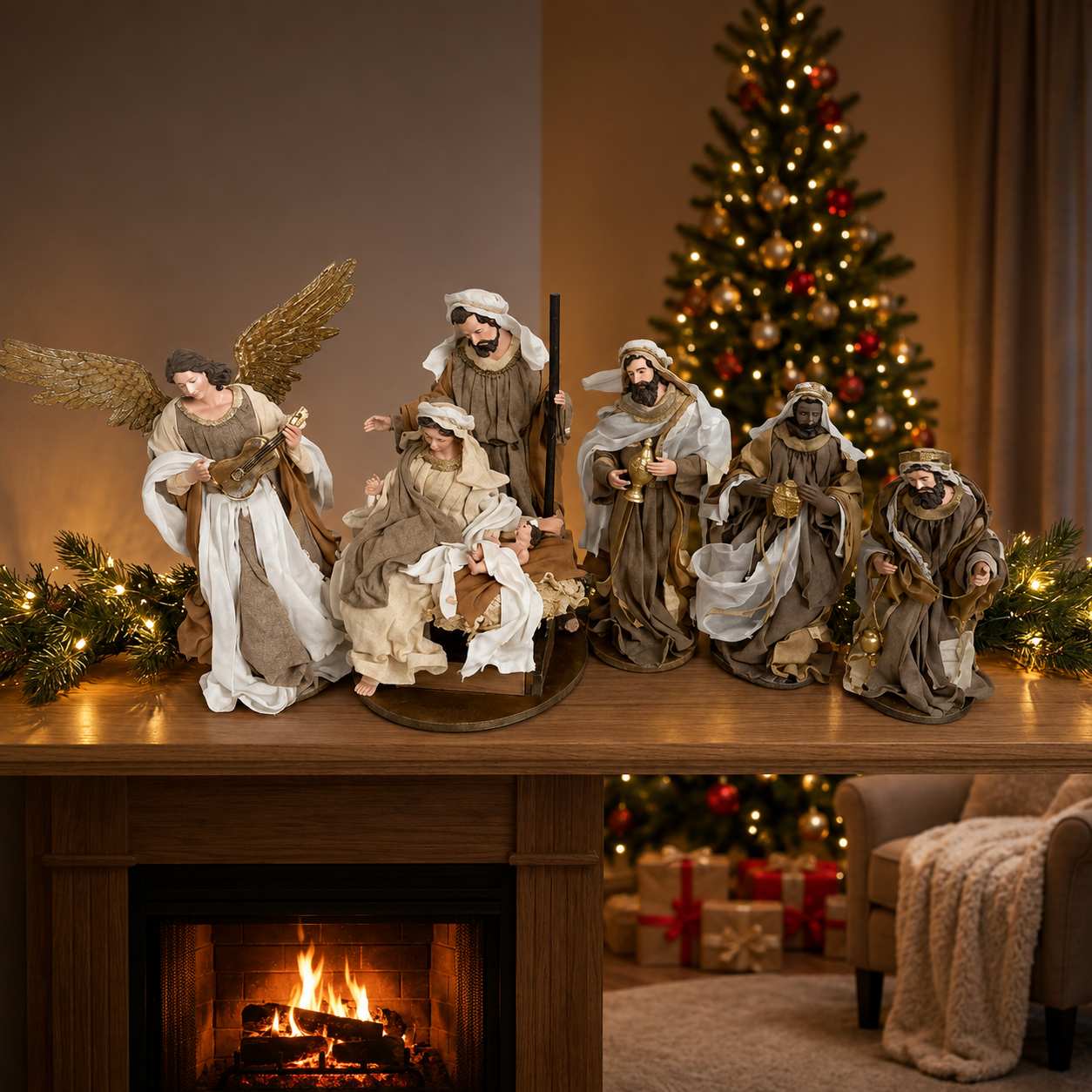 13.5" Handmade Christmas Nativity Set with Holy Family, 3 Wise Men & Angel – 35cm Religious Christian Home Decor & Holiday Gifts