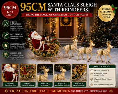 95cm Christmas Santa Claus Sleigh Decoration – Large Santa with Reindeer Display, Festive Christmas Holiday Decor for Christmas Joy