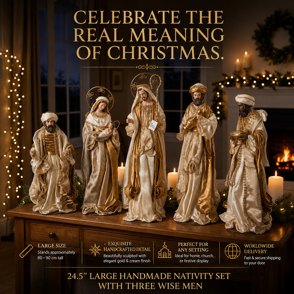 24.5” Large Christmas Religious Handmade Nativity Set with Three Wise Men (65cm approx)