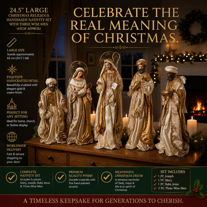 24.5” Large Christmas Religious Handmade Nativity Set with Three Wise Men (65cm approx)