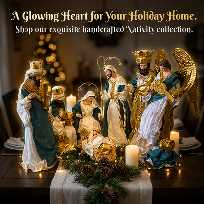 Blue White Christmas Religious Handmade Nativity Set with Manger and Angel 35 - 50 cm Approx