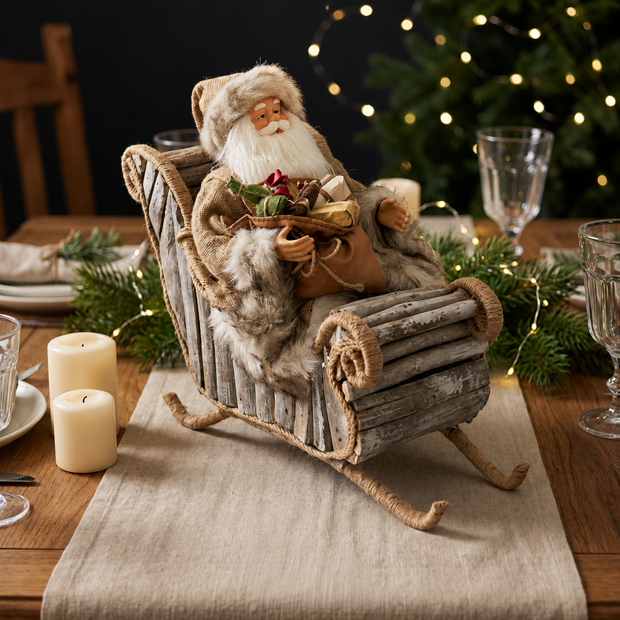 40cm Christmas Ornament Santa Claus in Driftwood Sleigh – Rustic Handmade Style Holiday Decoration, Festive Christmas Home & Tabletop Decor