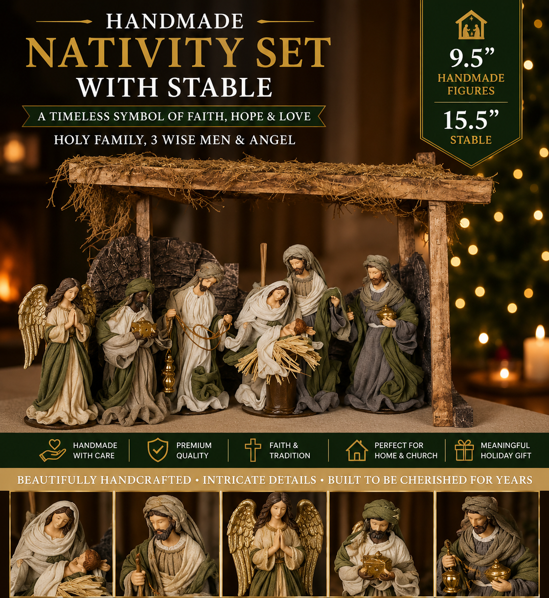 🎄 PRE-ORDER | 9.5" Handmade Religious Nativity Set with 15.5" Stable – Premium Christmas Holy Family Scene | Artisan Christmas Home & Church Décor
