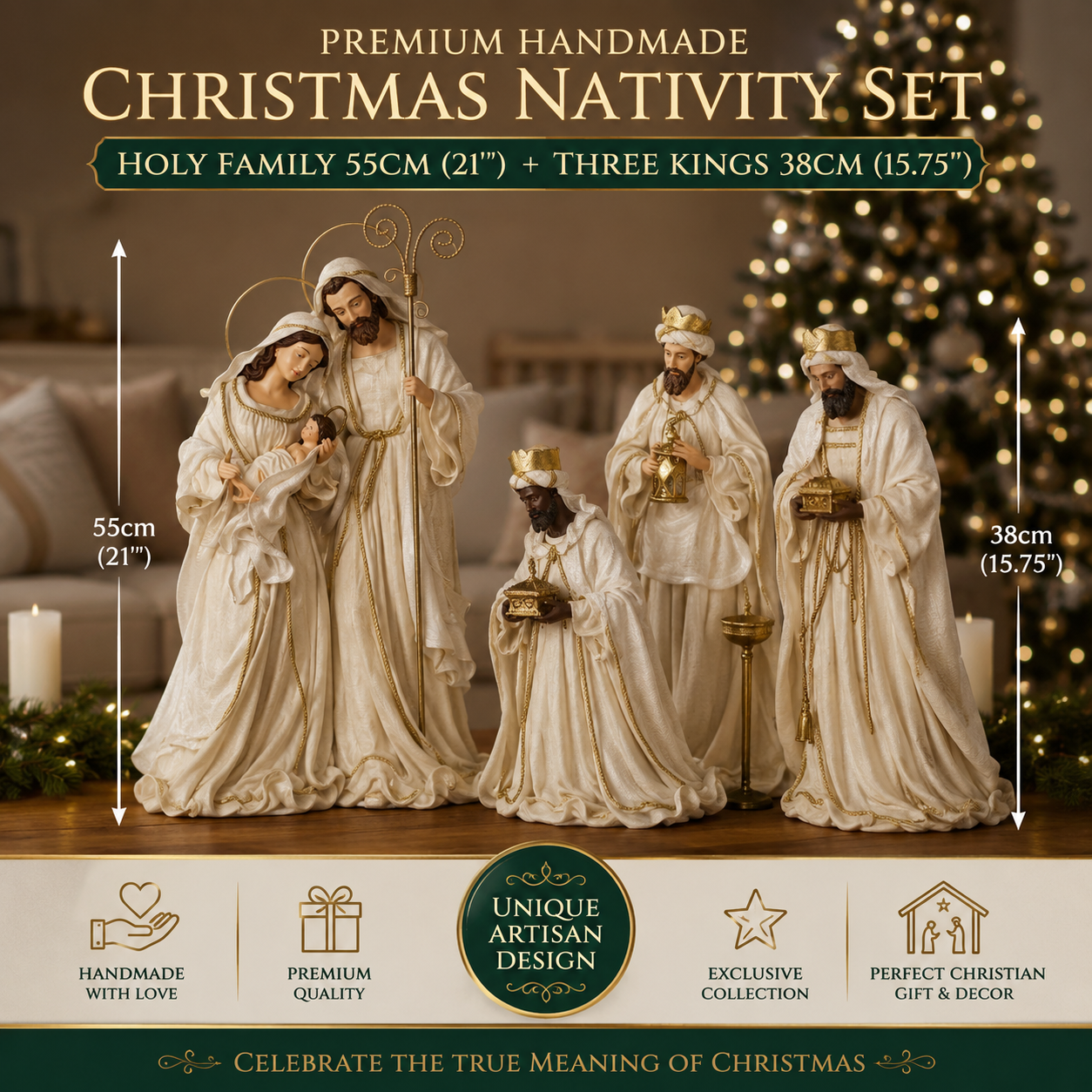 PRE ORDER Large Christmas Nativity Set – 55cm Handmade Holy Family & 38cm Three Wise Men, Premium Artisan Religious Figurines