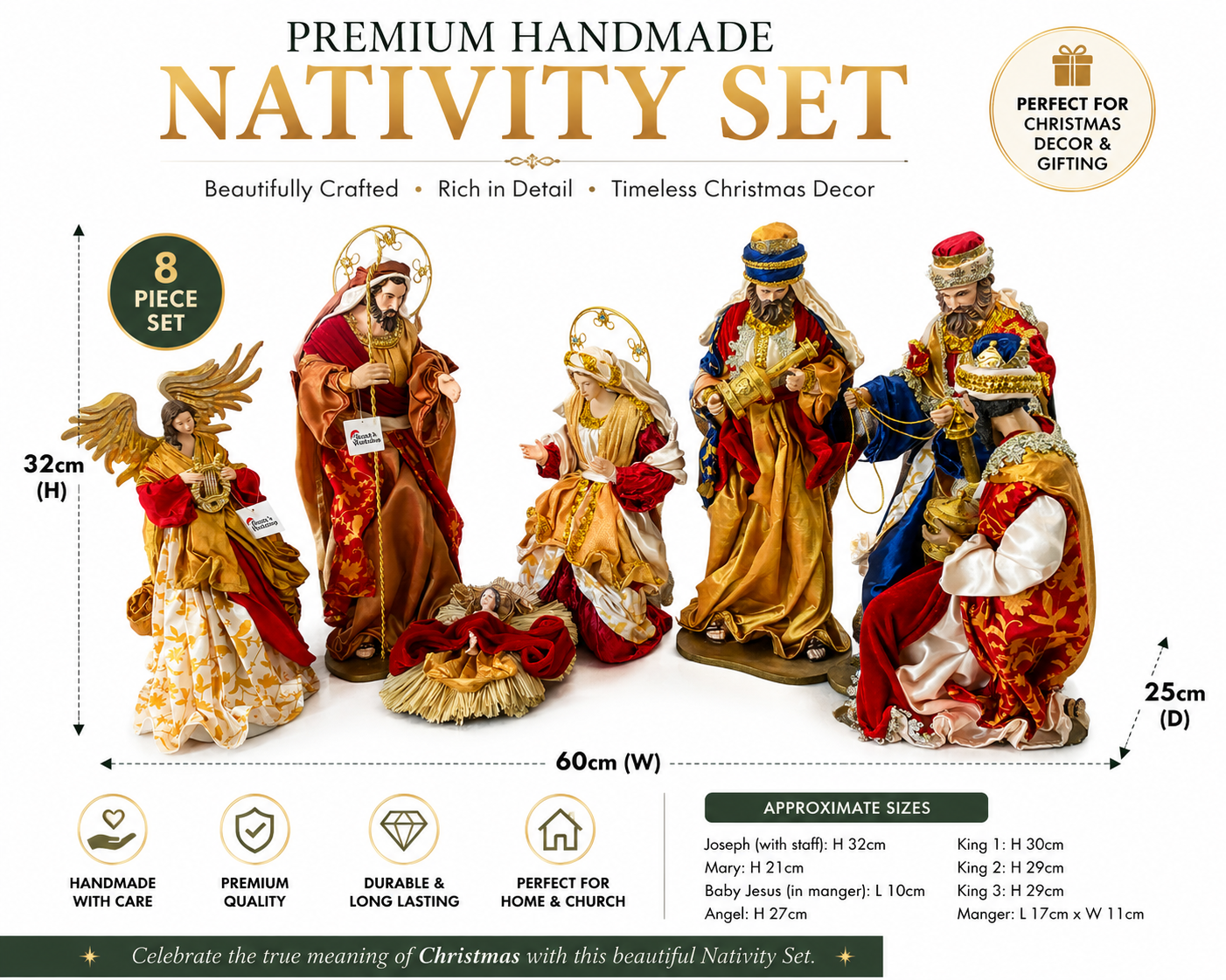 PRE ORDER 60cm Christmas Nativity Set with Manger & Angel | Holy Family Religious Christmas Decoration for Home, Church & Holiday Display