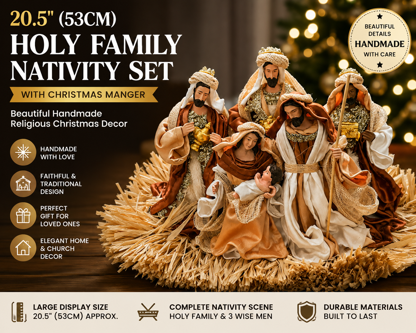 🎄 20.5" (53cm) Brown Holy Family Nativity Set with Christmas Manger – Handmade Religious Christian Christmas Scene, Holiday Home Decor & Gift ✨