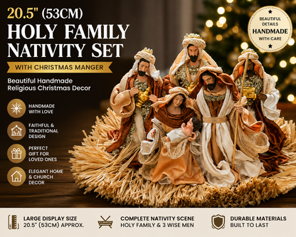 🎄 20.5" (53cm) Brown Holy Family Nativity Set with Christmas Manger – Handmade Religious Christian Christmas Scene, Holiday Home Decor & Gift ✨