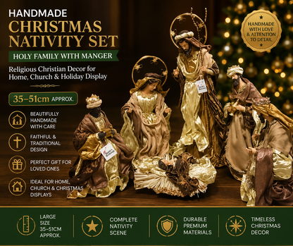 Handmade Christmas Nativity Set 35–51cm – Holy Family with Manger, Religious Christian Decor for Home, Church & Holiday Display