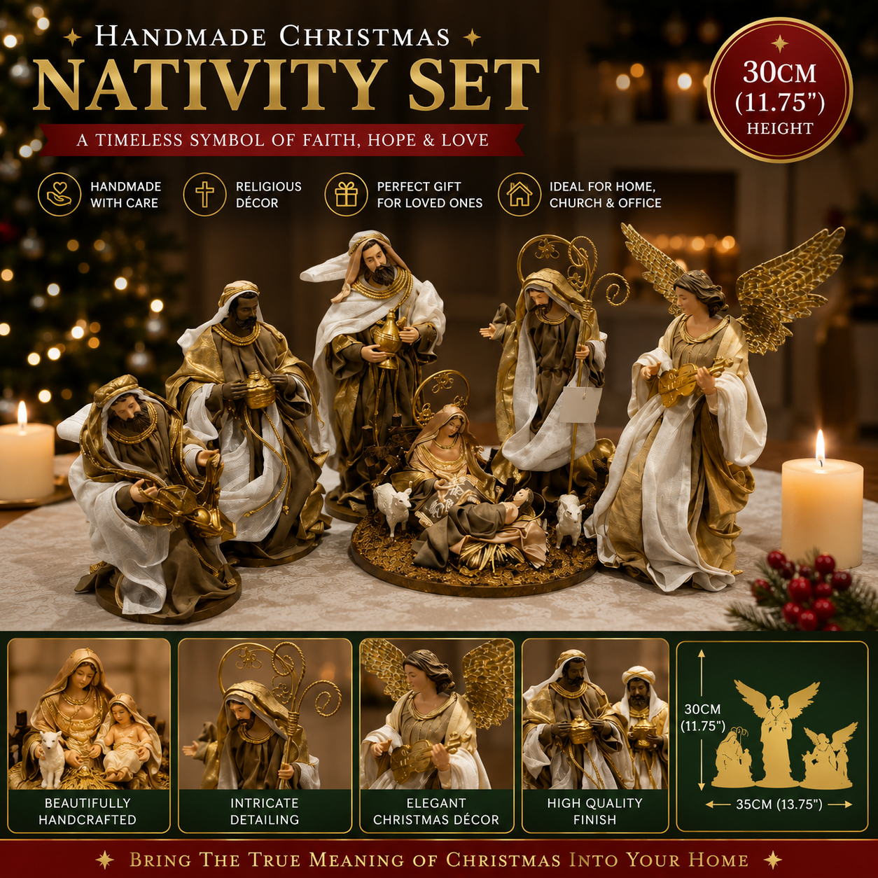 Handmade Christmas Nativity Set 30cm (11.75") – Holy Family & Standing Angel Religious Figurines, Christian Christmas Home Decor Gift