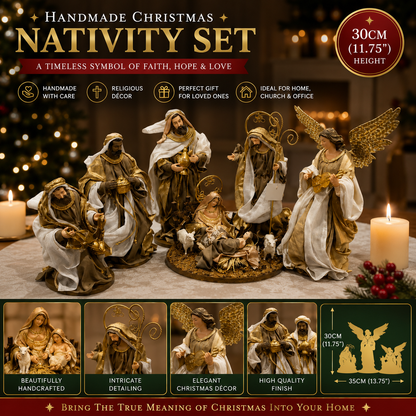Handmade Christmas Nativity Set 30cm (11.75") – Holy Family & Standing Angel Religious Figurines, Christian Christmas Home Decor Gift