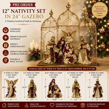 PRE ORDER  12" Nativity Set in 24" Gazebo – Large Religious Christmas Scene Decoration, Holy Family Holiday Display for Home & Church PRE ORDER