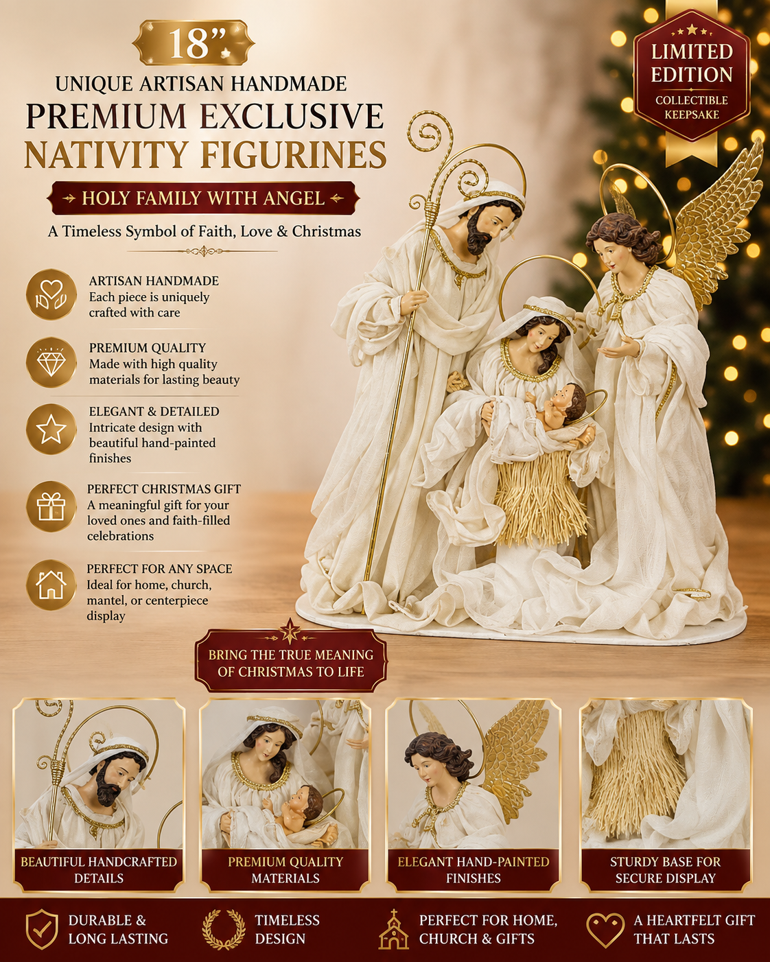 PRE ORDER 18" / 46cm Handmade Holy Family with Angel Nativity Figurines – Premium Artisan Religious Christmas Decoration