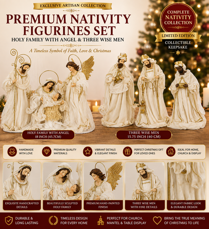 PRE ORDER 18"(46cm) Handmade Premium Nativity Scene Figurines Set – Holy Family with Angel & 15.75in Three Wise Men, Exclusive Artisan Christmas Decor