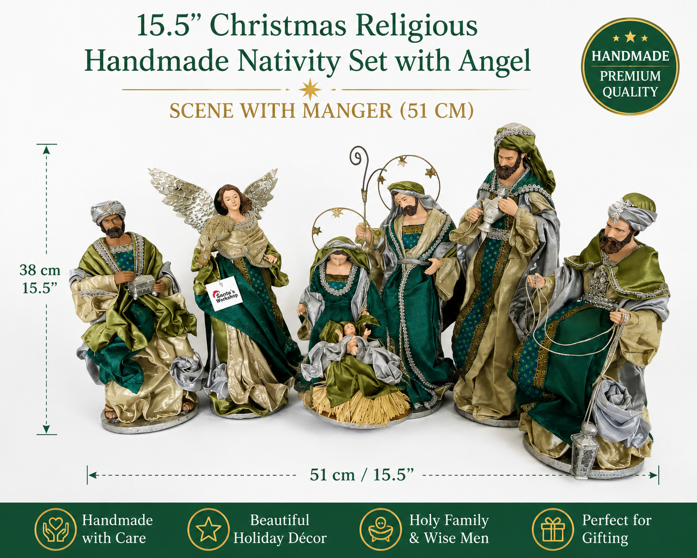 15.5’’ Christmas Religious Handmade Nativity Set with Angel - Scene with Manger (51 cm)