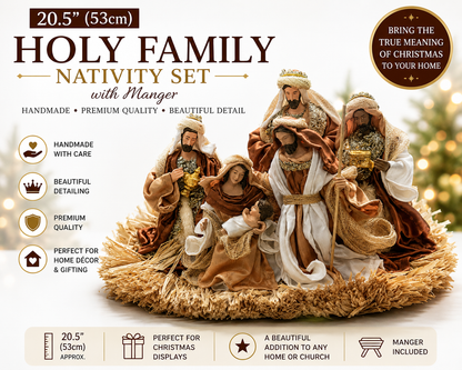 🎄 20.5" (53cm) Brown Holy Family Nativity Set with Christmas Manger – Handmade Religious Christian Christmas Scene, Holiday Home Decor & Gift ✨