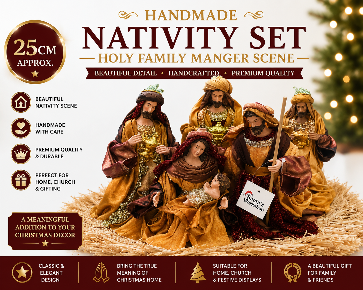 Handmade Christmas Nativity Set 25cm – Holy Family Manger Scene Figurines, Religious Christian Home Decor & Holiday Display