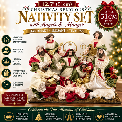 12.5’’ Christmas Religious Handmade Nativity Set with Angels and Manger - 51 cm