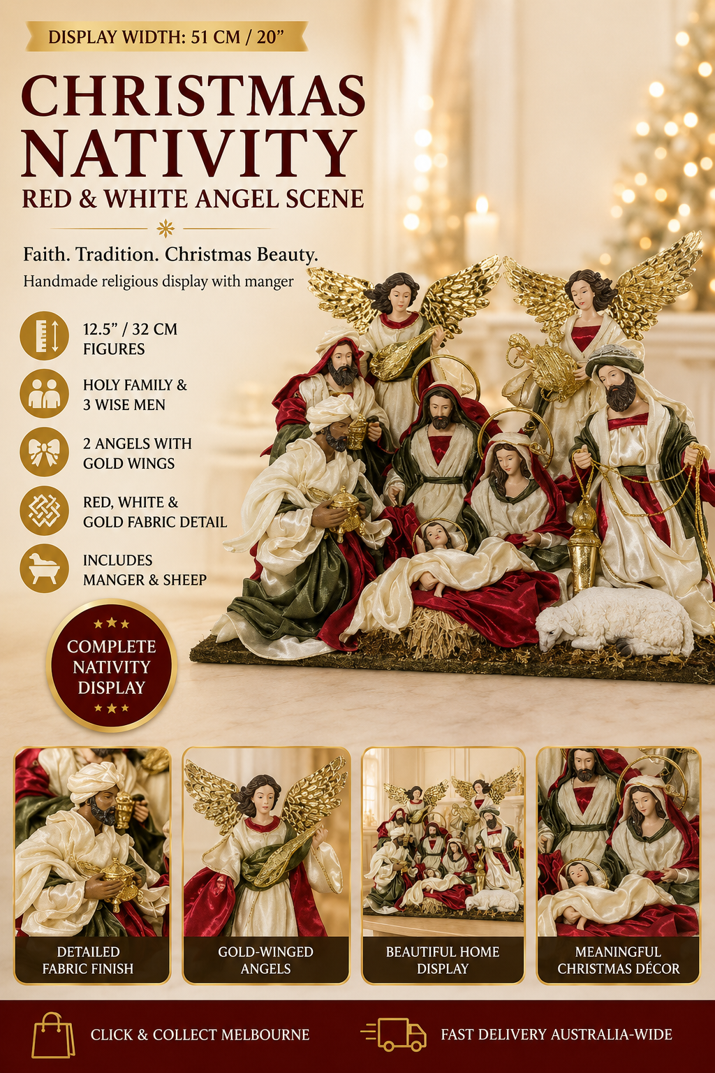 12.5’’ Red & White Christmas decor handmade religious nativity  Scene with Angels and Manger - 51 cm