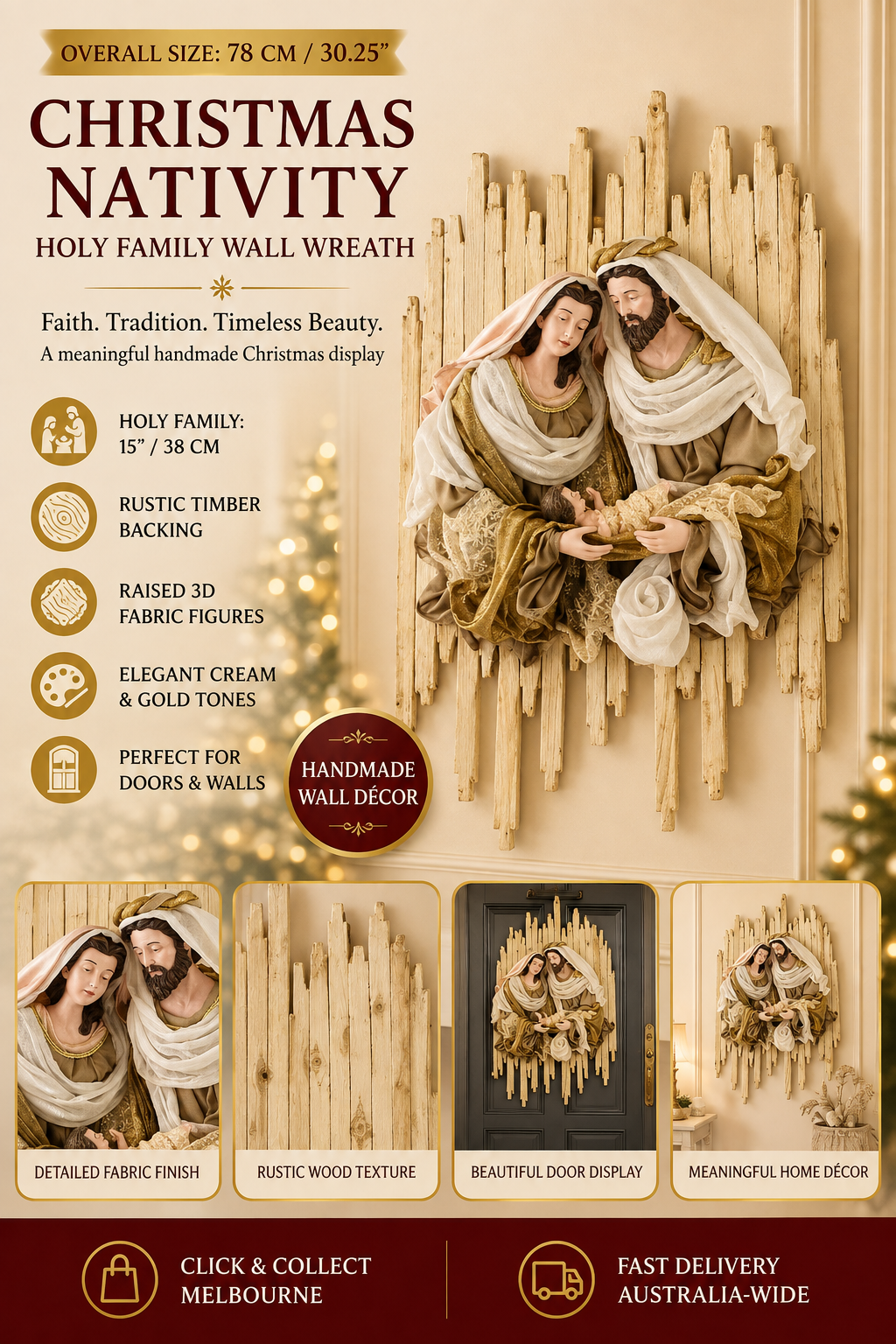 Handmade Christmas Nativity Wreath 78cm – Holy Family Religious Wall Decor, Christian Christmas Door & Home Decoration