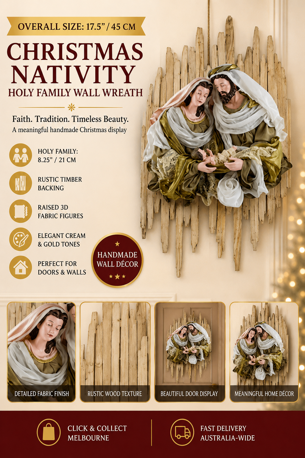 17.5" Handmade Christmas Nativity Wreath – Holy Family Religious Stable Wall Hanging Decoration