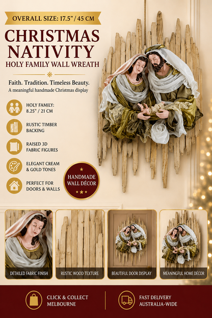 17.5" Handmade Christmas Nativity Wreath – Holy Family Religious Stable Wall Hanging Decoration
