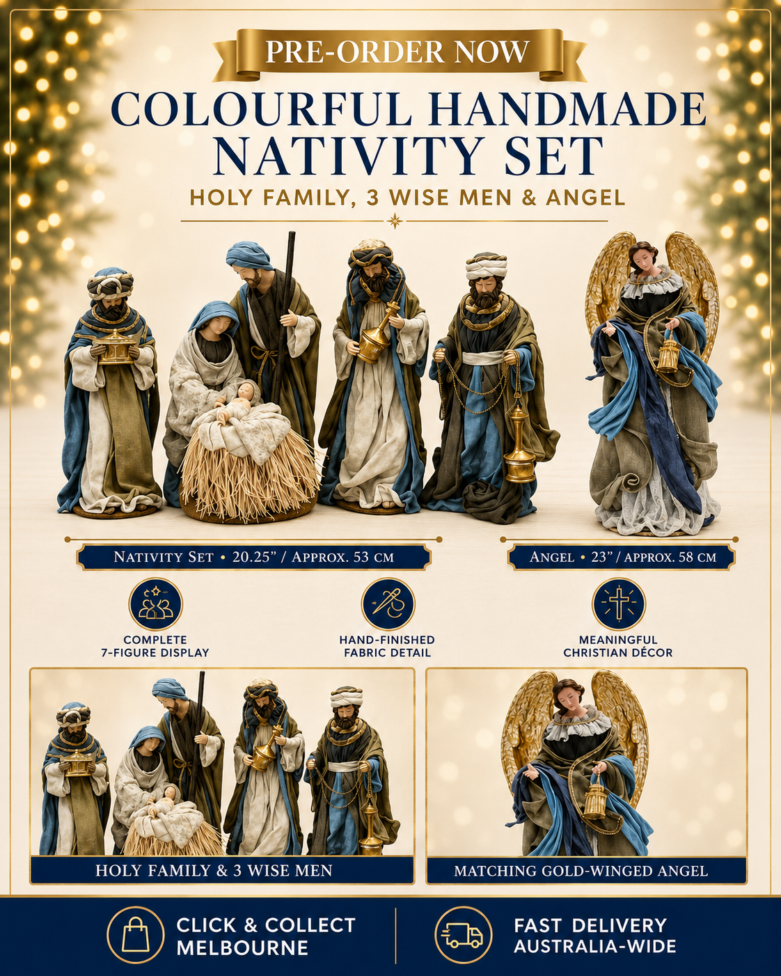 Pre ORDER Colourful 20.25″ Handmade Christmas Nativity Set with Holy Family, 3 Wise Men & 23″ Angel – 53cm Religious Manger Scene