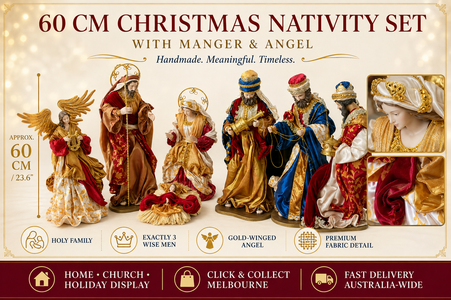 PRE ORDER 60cm Christmas Nativity Set with Manger & Angel | Holy Family Religious Christmas Decoration for Home, Church & Holiday Display