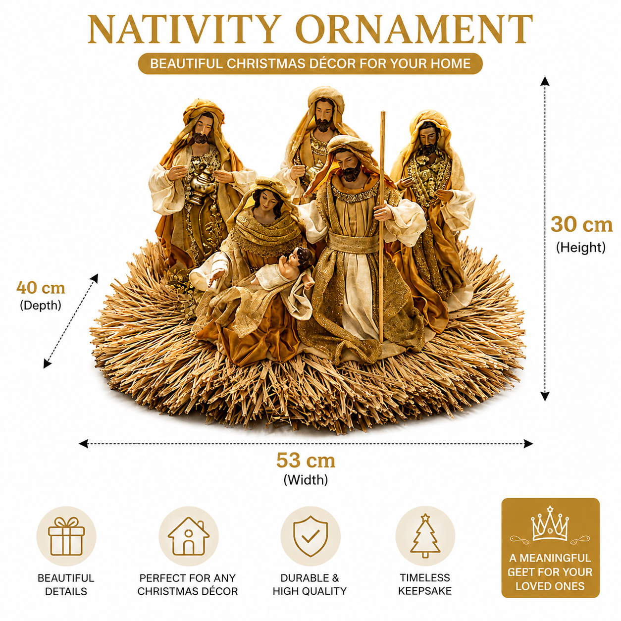 🎄 53cm Gold Christmas Nativity Ornament with Manger – Holy Family Religious Scene, Christian Christmas Home Decor & Holiday Gift ✨