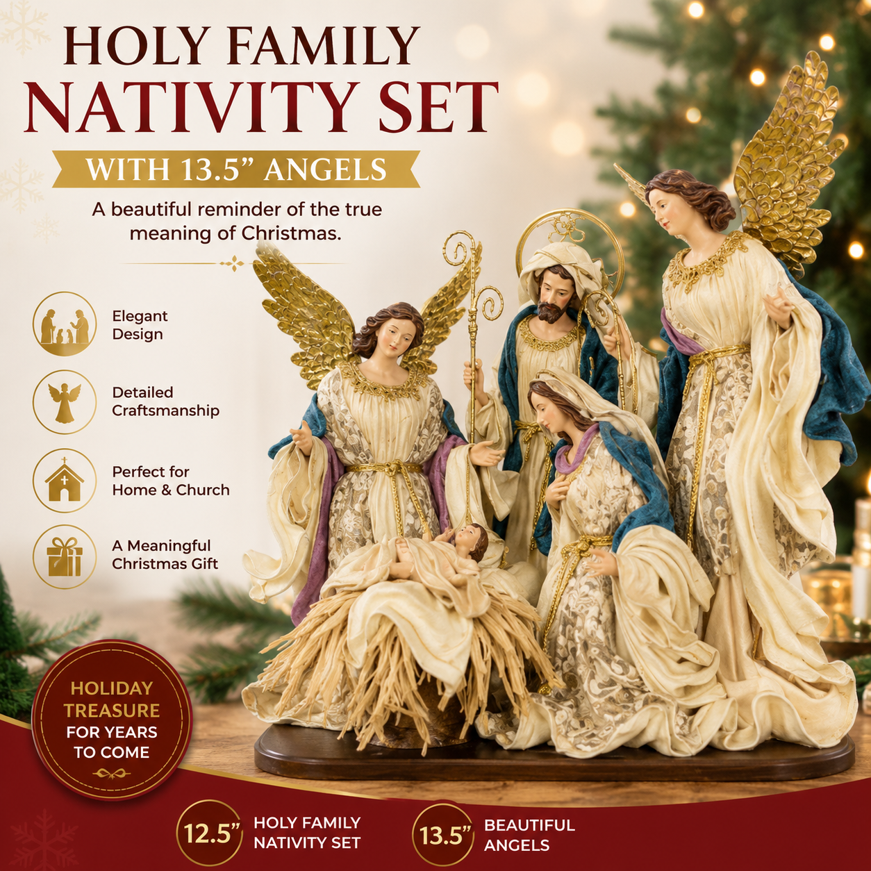 PRE ORDER 12.5" Holy Family Nativity Set with 13.5" Angels – Elegant Christmas Religious Decoration, Complete Nativity Scene Display, Holiday Home & Church Décor PRE ORDER