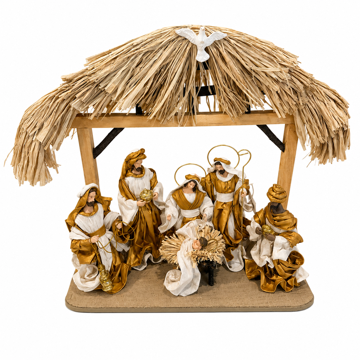 🎄 Gold Christmas Nativity Set in Driftwood Stable – 50cm Approx Handmade Holy Family Scene, Religious Christian Christmas Home Decor & Holiday Gift ✨