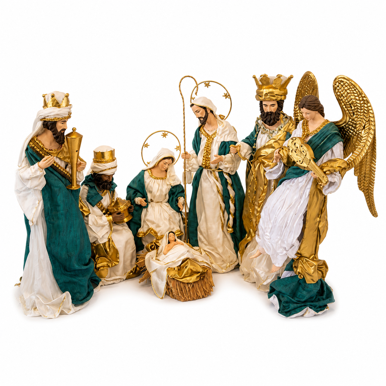 Blue White Christmas Religious Handmade Nativity Set with Manger and Angel 35 - 50 cm Approx