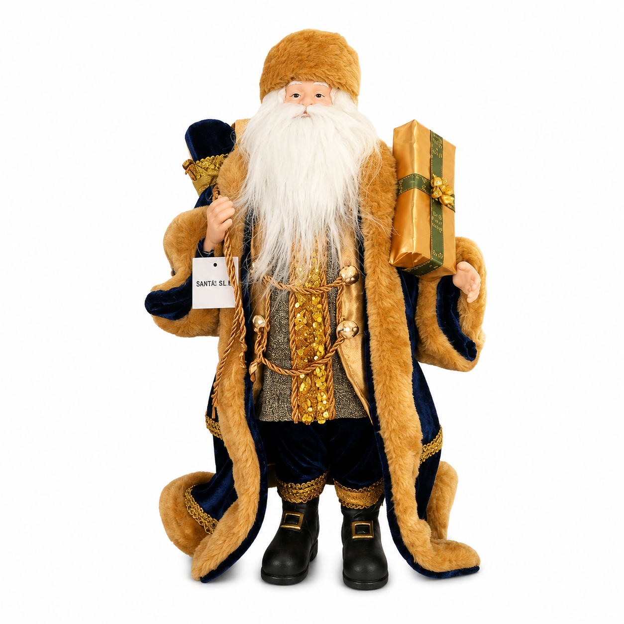 Blue Velvet Standing Santa Claus Christmas Ornament – Luxury Holiday Figure Decoration 52cm approx