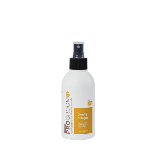 ProGroom cologne spray bottle, Cheeky scent, 250 ml, white bottle with dark mist cap.
