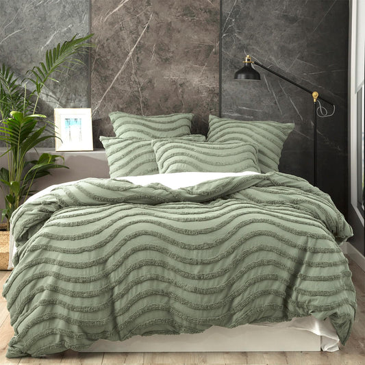 Sage green tufted wave quilt cover set in chenille cotton, vintage washed texture