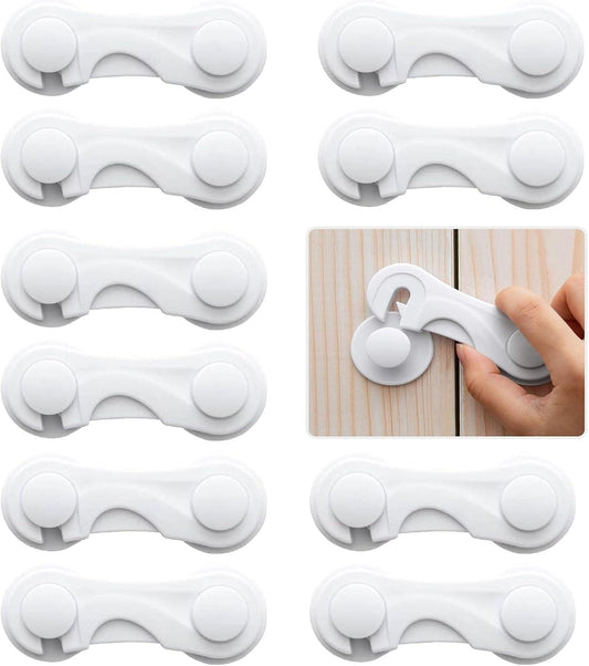 Child safety cabinet lock with two round buttons, white plastic adhesive style