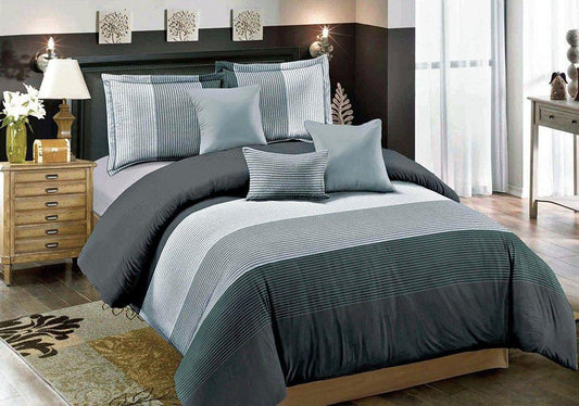 Single duvet quilt cover set in blue and dark gray striped fabric with matching pillows