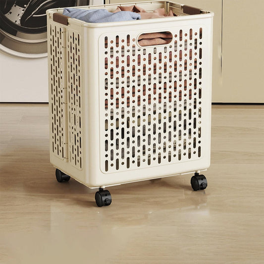 Beige rolling laundry hamper on wheels, side view with vented pattern and top opening