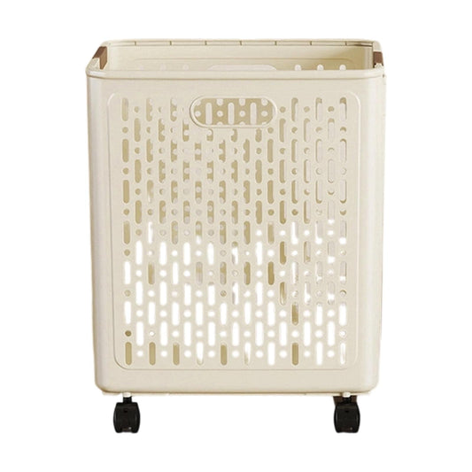 Beige collapsible laundry hamper with wheels, front vent pattern and top rim