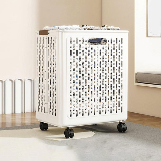 White collapsible laundry hamper with perforated sides, top lid, and rolling wheels