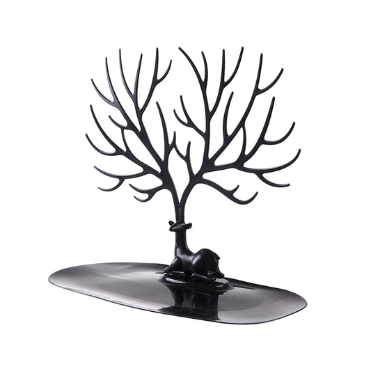 Black deer-shaped jewelry tree stand with wide base tray for necklaces, bracelets, earrings.