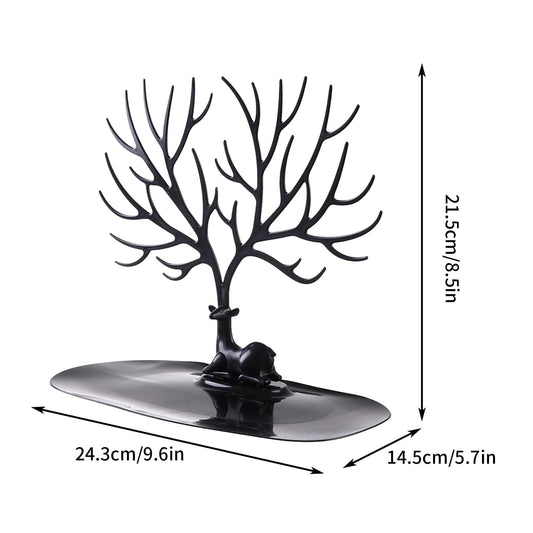 Jewelry tree stand with branching hooks and deer centerpiece on round tray base