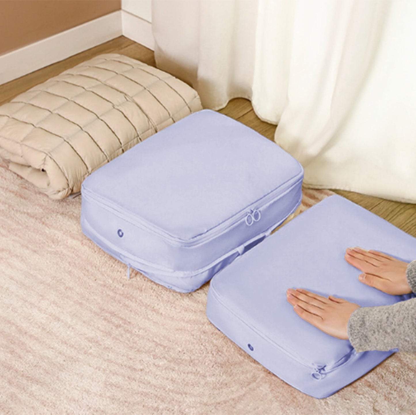 Chmadoxn Ultra Space Saving Self Compression Organizer Bags, Comforter Storage Bag, Compression Bags for Storage, Large Moving Bags, Compression Organizer for Blankets,Comforter,Down Jacket 16×7×12 in Blue