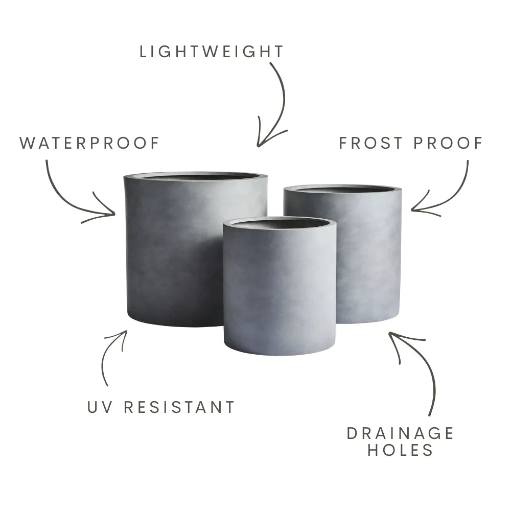 Three gray cylindrical planters with labels: UV resistant, waterproof, frost proof