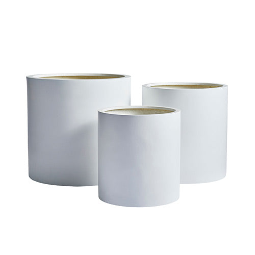 Set of three white cylindrical plant pots with smooth finish