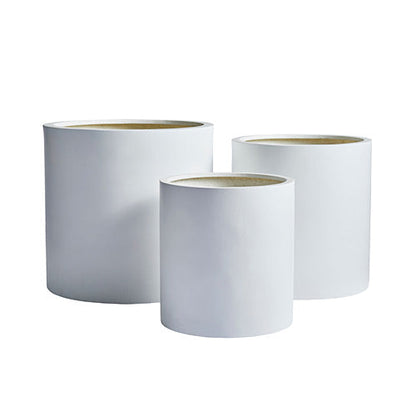 Set of three white cylindrical plant pots with smooth finish
