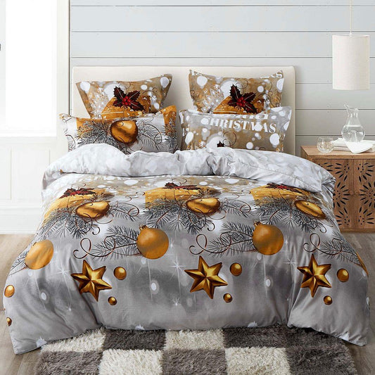 King-size quilt and duvet cover set with gray fabric, gold stars and baubles