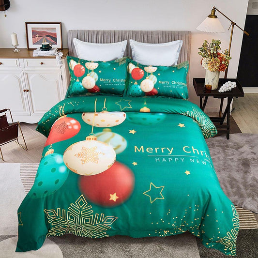 Teal Christmas quilt cover set with Merry Christmas text and bauble print, super king