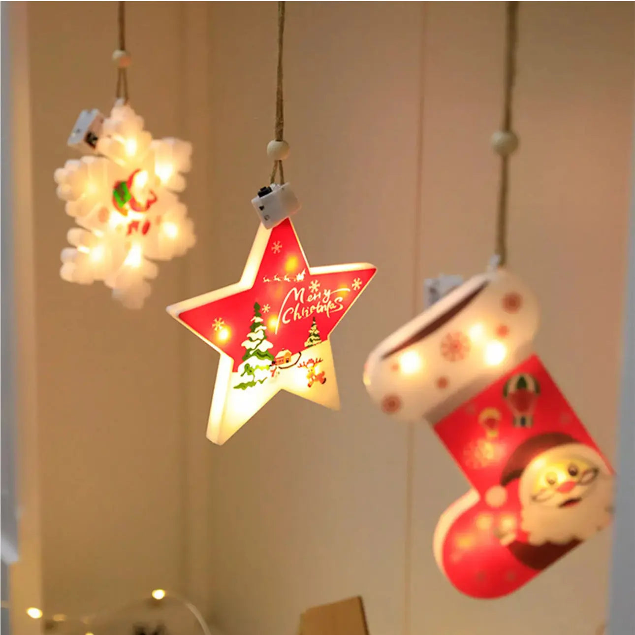1PC Christmas Santa Stocking LED Hanging Ornament – Battery Powered Santa Claus Stocking Decoration with Snowflake Design for Christmas Tree & Home Décor