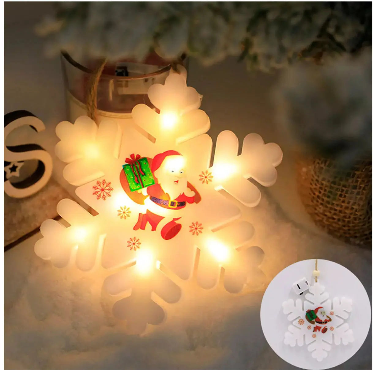 1PC Christmas Snowflake Santa LED Hanging Ornament – Battery Powered Christmas Tree Decoration, Santa Claus Snowflake Holiday Décor